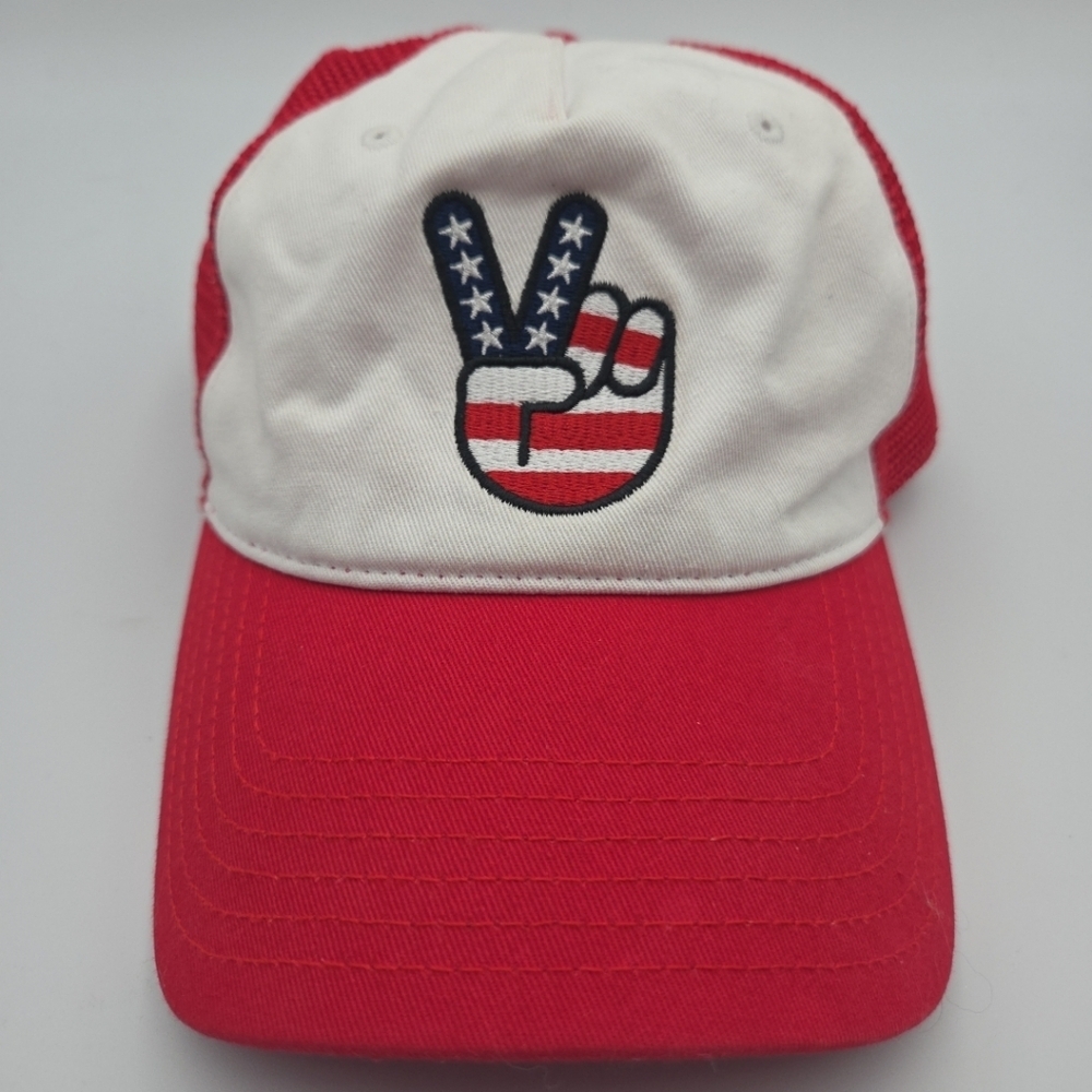 Vintage Mighty Fine Peace Sign Americana Snap Back Hat Cap EUC American FLAG